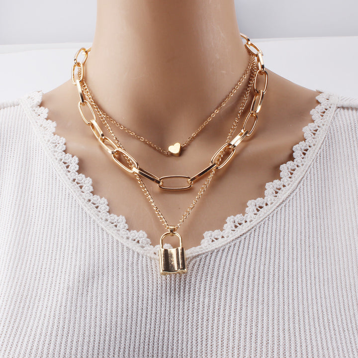 Women Multi-Layer Lock Love Necklace Sweater Chain