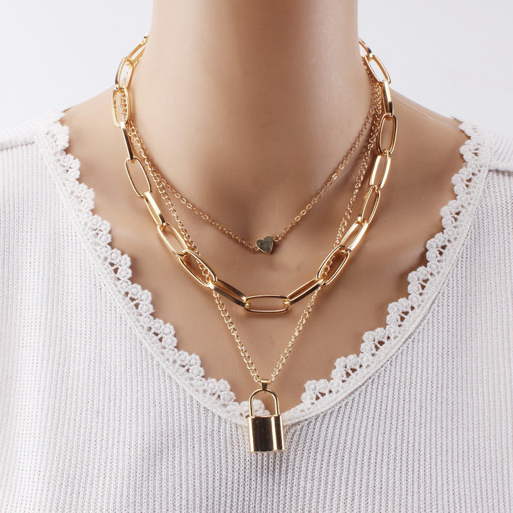 Women Multi-Layer Lock Love Necklace Sweater Chain