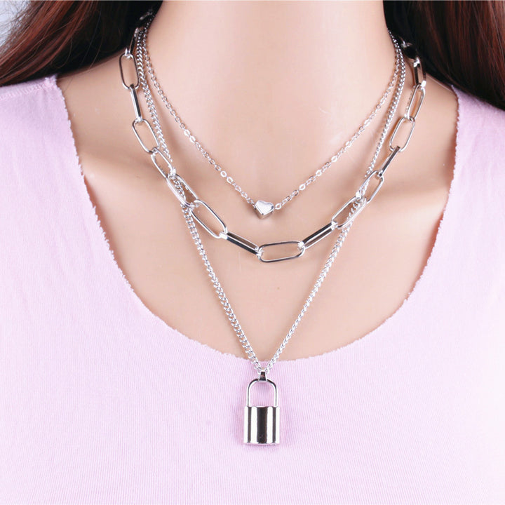 Women Multi-Layer Lock Love Necklace Sweater Chain